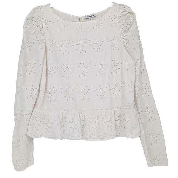 Express White Eyelet Floral Peplum Ruffle Puff Sleeve Cottage Coquette Blouse LG - Picture 2 of 10